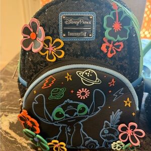 Loungefly Disney Parks Stitch Kids Backpack - Black and Blue with Floral Accents